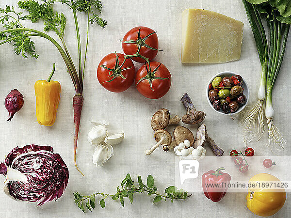 Still life with vegetables  cheese  herbs  and mushrooms
