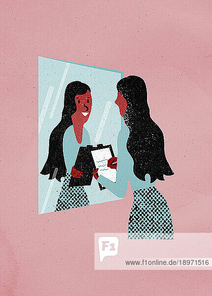 Frau übt vor einem Spiegel für ein Vorstellungsgespräch