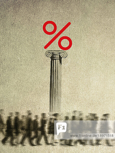 People walking past percentage sign on top of column