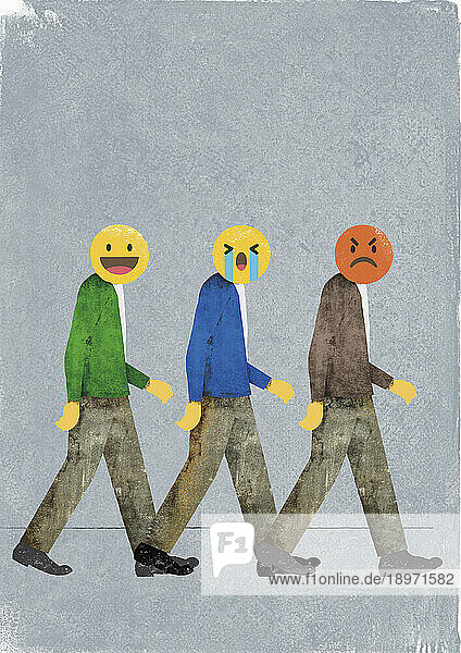 Three men with different emoji faces