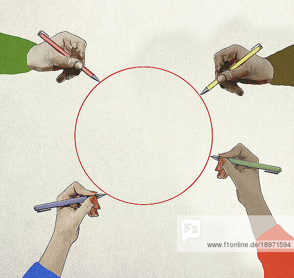 Vier Hände arbeiten zusammen  um einen Kreis zu zeichnen