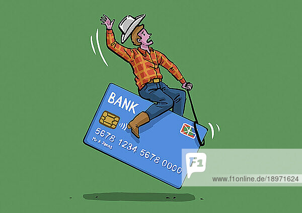 Cowboy beim Rodeoreiten auf einer Kreditkarte