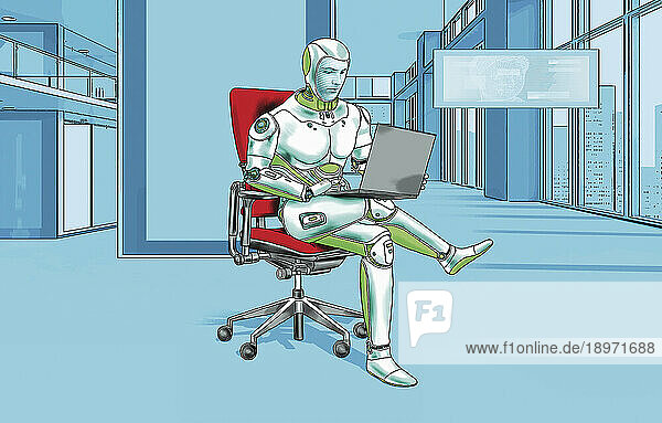 Roboter-Geschäftsmann arbeitet in einem modernen Büro