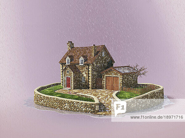 Idyllic stone cottage in torrential rain