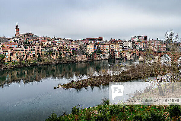 View of Albi  the city and historic buildings from the River Tarn  the Pont Vieux and an island in the stream.