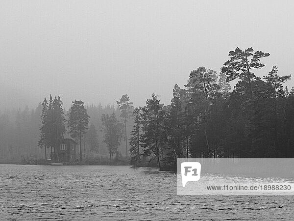 Ufer eines Sees in Schweden an einem regnerischen Tag