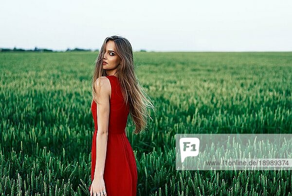 Schöne junge Frau in rotem Kleid posiert im Freien im grünen Sommer Feld. Mode  Schönheit Konzept