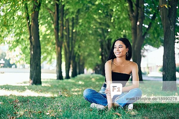 Hübsche lächelnde afroamerikanische Frau posiert im Park auf grünem Gras sitzend. Entspannen  Freizeit  weibliche Schönheit Konzept