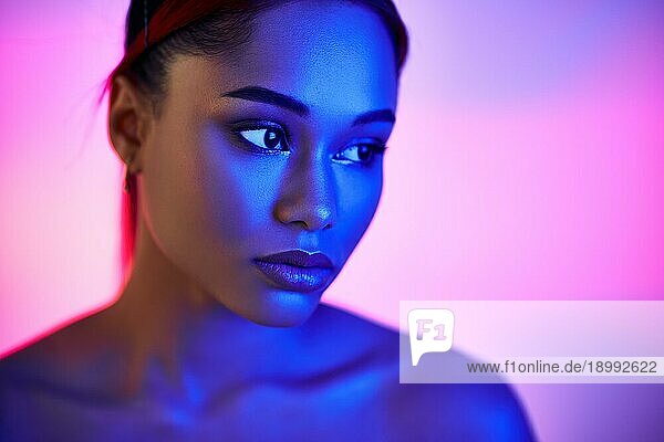 Closeup Porträt der hübschen afrikanischen amerikanischen Frau in hellen Neonlichtern posiert auf Studio Hintergrund. Mode Foto Konzept