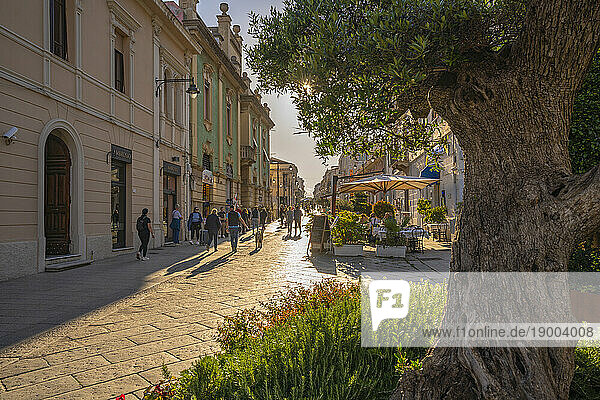View of shops and restaurant on Corso Umberto I on sunny day on Olbia  Olbia  Sardinia  Italy  Mediterranean  Europe