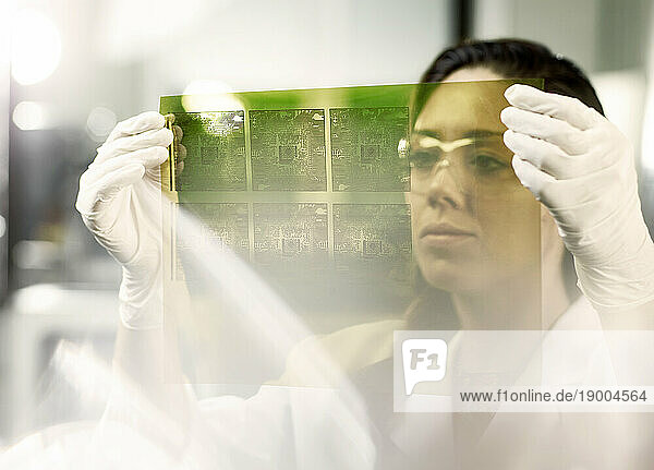 Engineer examining printed circuit board in industry