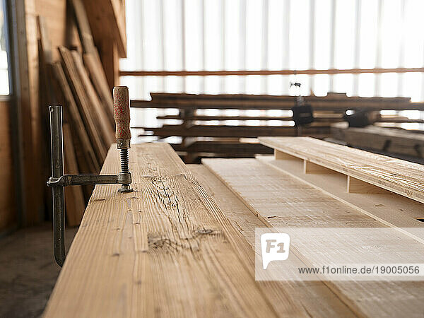 Timber plank at carpentry workshop