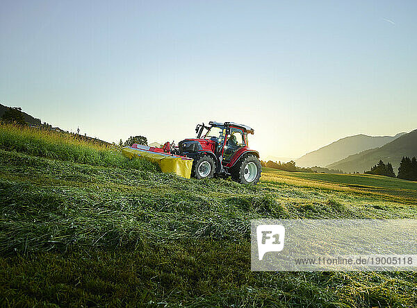 Farmer using tractor and mowing grass on land at sunrise