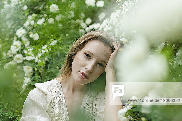 Young beautiful woman with hand in hair by white flower bush