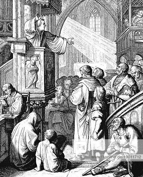 Martin Luther predigt von der Kanzel  Kirche  Innenraum  Altar  orgel  Almosen  Lichtstrahl  Zuhörer  Fenster  arm  reich  Evangelium  Religion  Christentum  16. Jahrhundert  historische Illustration um 1860
