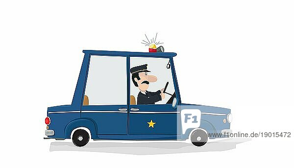 Big Nase Polizist in seinem schicken Polizeiauto mit Licht und Sirene auf jagt bösen Jungs über einen weißen Hintergrund.Vektor Kind wie Zeichnung illustration