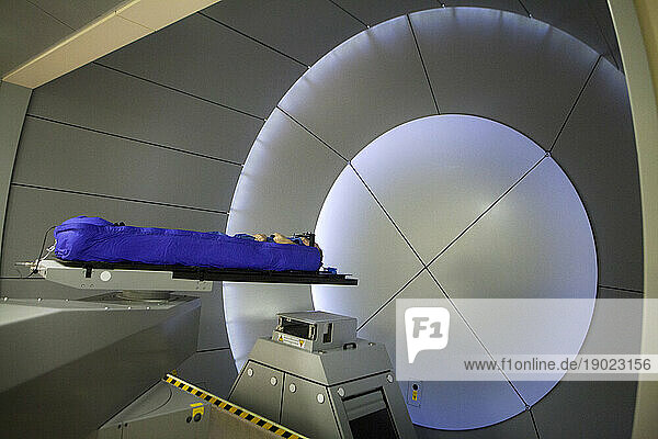 Proton therapy irradiates cancer cells with a beam of protons in the center of the tumor.