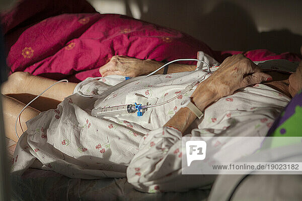 Patient treated by the home hospitalization service  she suffers from cancer and is waiting for a blood sample.