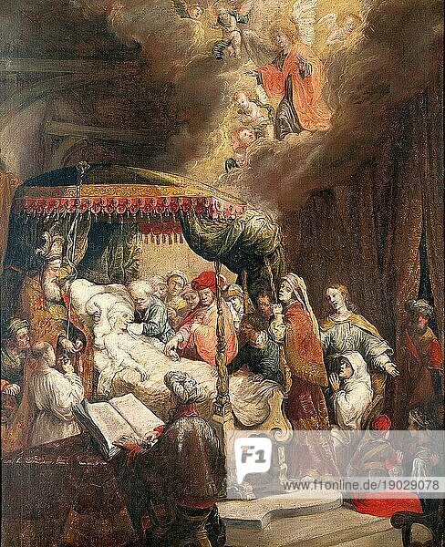 Die Entschlafung der Jungfrau Maria  The dormition of the Virgin  Gemälde von Rembrandt van Rijn  Historisch  digital verbesserte Reproduktion einer Vorlage aus der damaligen Zeit