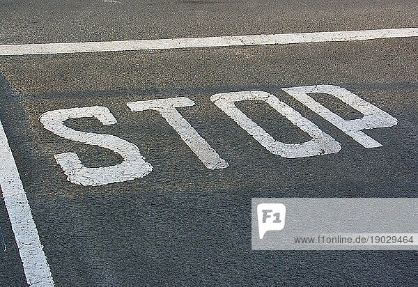 Markierung auf der Straße  Schriftzug Stop  Stopzeichen  Aufforderung zum Anhalten  Straßenmarkierung  Verkehrszeichen