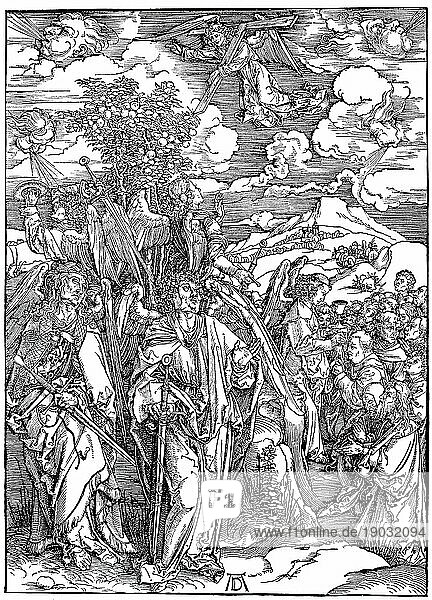 Bilderzyklus Die Apokalypse  vier Engel  die die Winde aufhalten und die Auserwählten unterzeichnen  Holzschnitt von Albrecht Dürer  historisch  digitale verbesserte Reproduktion eines alten Holzschnitts