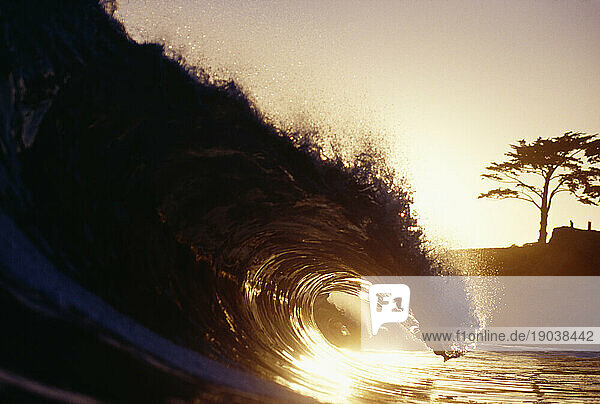 View of the inside of a crashing wave shot at sunset in Santa Cruz  California.