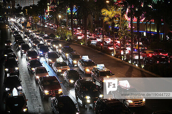 Downtown traffic at night along The Strip  Las Vegas Boulevard  Las Vegas  Nevada