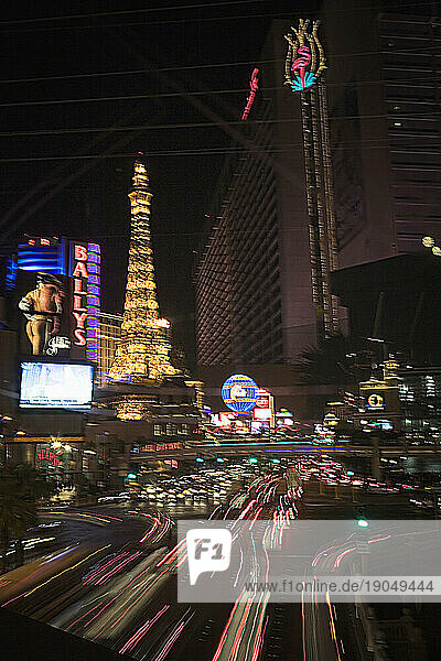 Downtown traffic at night along The Strip  Las Vegas Boulevard  Las Vegas  Nevada