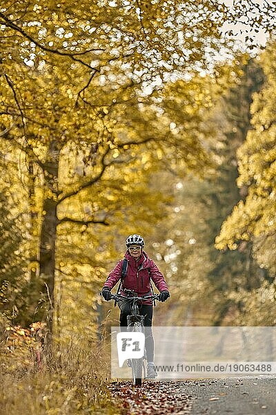Nette Seniorin  die ihr elektrisches Mountainbike in den herbstlichen Wäldern bei Stuttgart fährt  schöne warme Farben  Landschaft