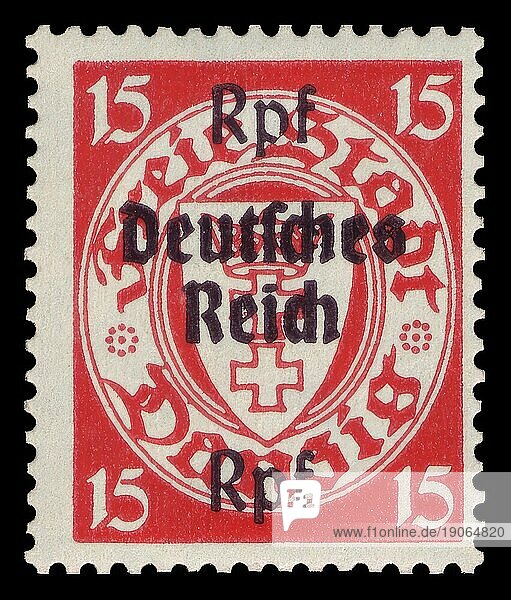 Historische Briefmarke  Deutsches Reich  Danziger Freimarkenserie mit Aufdruck  15 Pfennig  1939  Deutschland  Historisch  digital aufbereitete Reproduktion einer Vorlage aus der damaligen Zeit  Europa