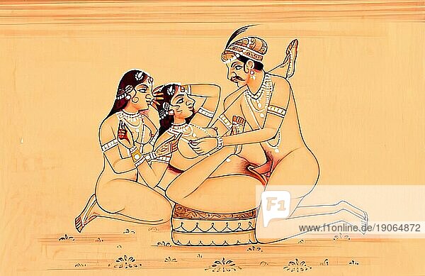 Mann mit zwei Frauen  Darstellung einer erotischen Szene  Liebesszene  Sex  in einer Kamasutra-Ausgabe aus dem 19. Jahrhundert  Lehrwerke über Erotik  Indien  Arabien  Historisch  digital restaurierte Reproduktion einer Vorlage aus der damaligen Zeit  Asien