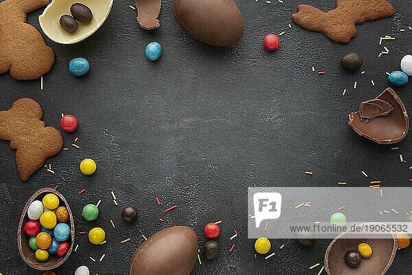 Draufsicht Schokoladenostereier mit Süßigkeiten Kekse Rahmen