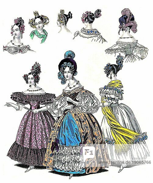 Die Mode im Laufe der Zeit  Damenmode in Paris und London  1834  Historisch  digital restaurierte Reproduktion von einer Vorlage aus dem 19. Jahrhundert