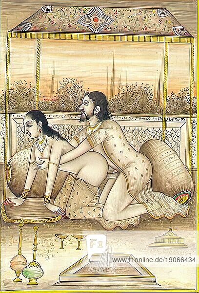 Darstellung einer erotischen Szene  Liebesszene  Sex  in einer Kamasutra-Ausgabe aus dem 19. Jahrhundert  Lehrwerke über Erotik  Indien  Arabien  Historisch  digital restaurierte Reproduktion einer Vorlage aus der damaligen Zeit  Asien