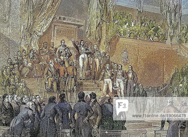 Die Julirevolution in Paris  Louis Philip legt am 9. August 1830 einen Eid ab  Gemälde von E. Deveria in der Nationalgalerie von Versailles  digitale verbesserte Reproduktion eines Originaldrucks aus dem 19. Jahrhundert