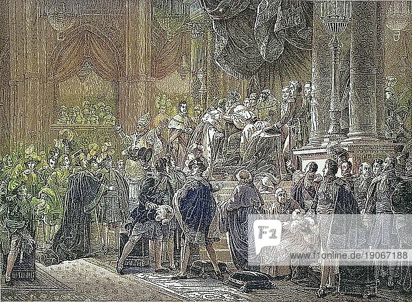 Die Übertragung und Legitimation der politischen Macht an Karl X. in Reims am 29. Mai 1825  Frankreich  digitale verbesserte Reproduktion eines Originaldrucks aus dem 19. Jahrhundert  Europa