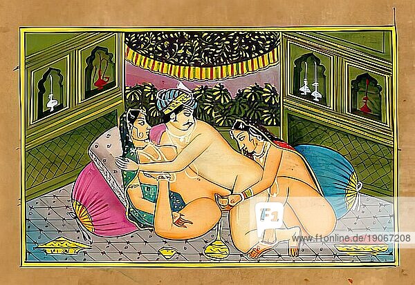 Mann mit zwei Frauen  Darstellung einer erotischen Szene  Liebesszene  Sex  in einer Kamasutra-Ausgabe aus dem 19. Jahrhundert  Lehrwerke über Erotik  Indien  Arabien  Historisch  digital restaurierte Reproduktion einer Vorlage aus der damaligen Zeit  Asien