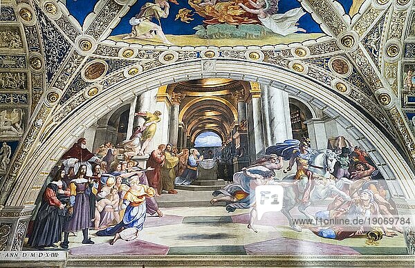 Vertreibung des Heliodors  Stanza di Eliodoro  Stanzen des Raffael  Stanze di Raffaelo  Fresko von Faffaelo Santi  1512- 1514  Vatikanische Museen  Vatikan  Rom  Lazio  Latium  Italien  Europa