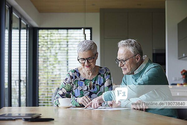 Senior couple sitting at table at home examining document