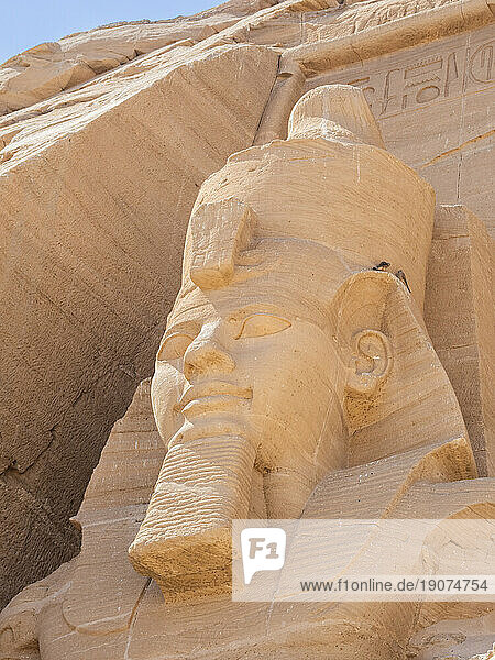Detail of The Great Temple of Abu Simbel with its iconic 20 meter tall seated colossal statues of Ramses II (Ramses The Great),  UNESCO World Heritage Site,  Abu Simbel,  Egypt,  North Africa,  Africa