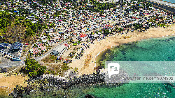 Aerial of the village of San Antonio de Pale and Palmar beach  island of Annobon  Equatorial Guinea  Africa