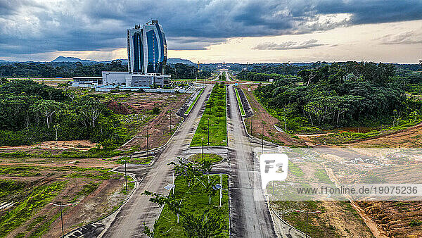 Aerial of the future capital Ciudad de la Paz, Rio Muni, Equatorial Guinea, Africa