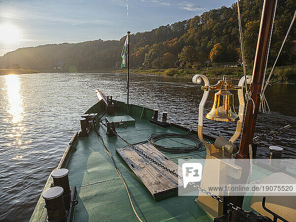 View on a steamboat on the Elbe River in Saxon Switzerland National Park  Saxony  Germany  Europe
