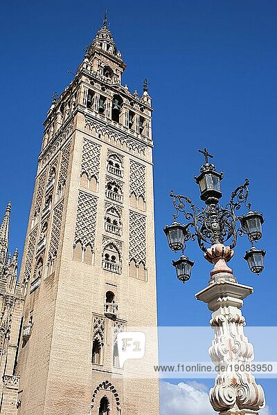 La Giralda  Glockenturm der Kathedrale von Sevilla und eine alte Springbrunnenlampe  Spanien  Region Andalusien  Europa