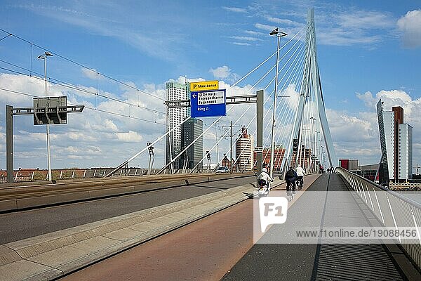 Straße  Bürgersteig und Fahrradweg auf der Erasmusbrücke im Stadtzentrum von Rotterdam  Niederlande  Europa
