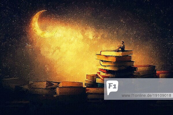 Wunderschönes Gemälde mit einem Jungen  der auf einem Bücherstapel unter dem Sternenhimmel sitzt und die wunderbare Mondsichel betrachtet. Magische Traumland Abenteuer Szene. Der Leser taucht in Fabelwelten ein