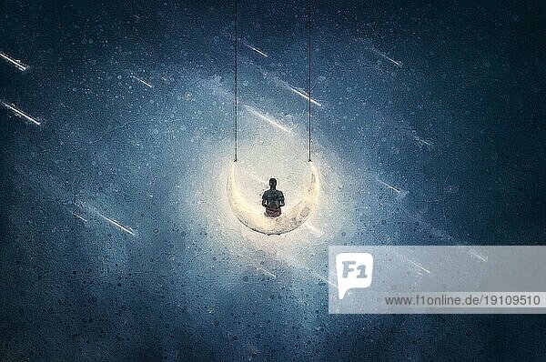 Surreales Gemälde eines Jungen  der sich auf einer Mondsichelschaukel wiegt  mit einem wunderbaren kosmischen Blick auf den Sternenhimmel. Abenteuerlicher Geist  fantastische Szene