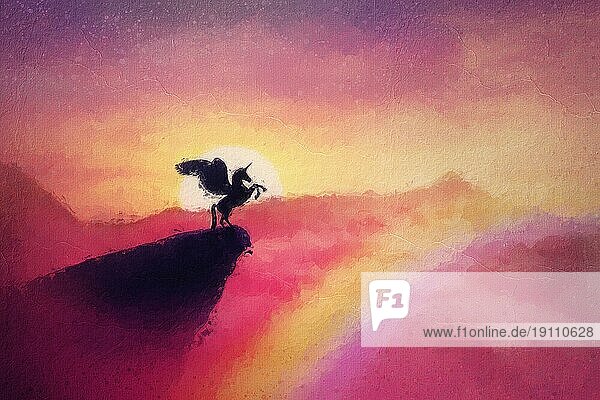 Schöne Pegasus Malerei  wilde geflügelte Einhorn Silhouette am Rande eines Abgrunds. Fabulous Sonnenuntergang in einem rosa Paradies  magische Traumland Szene mit einer surrealen Kreatur über dem Regenbogen