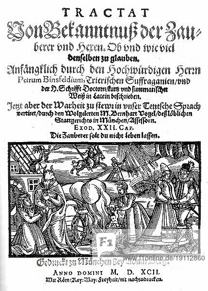 Titelseite von Binsfelds Hexentraktat  galt für mindestens 100 Jahre als Standardwerk im Bereich der Hexenlehre und Anleitung der Hexenverfolgung  um 1589  Historisch  digital restaurierte Reproduktion von einer Vorlage aus der damaligen Zeit