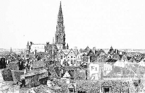 Brüssel  Stadtansicht  Altstadt  Dächer  Häuser  Kirche  Kirchturm  Architektur  Hauptstadt  Belgien  historische Illustration um 1897  Europa